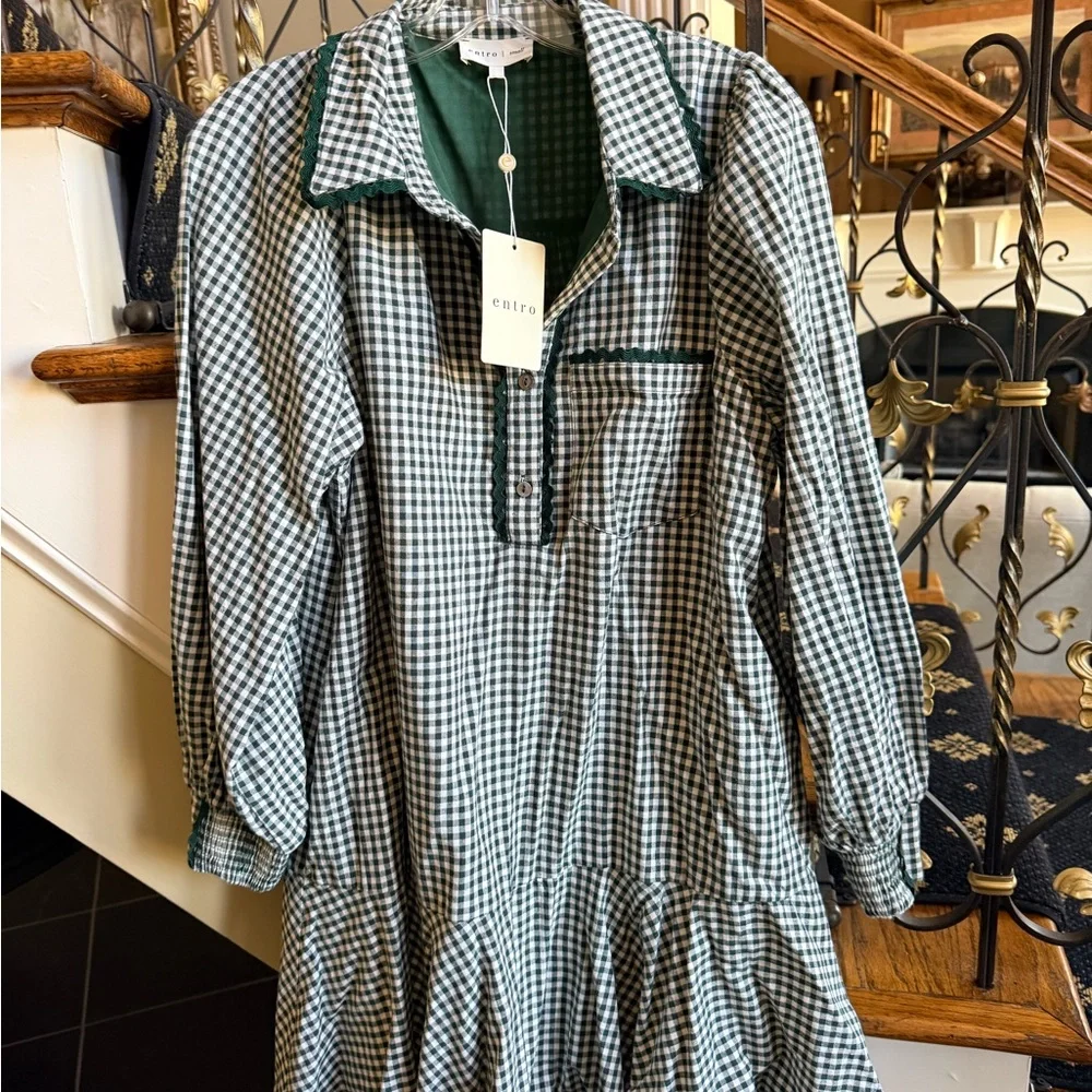 Entro Commander Forest Check Mini Dress. Size S NWT .Lined. Button front. - Picture 3 of 11